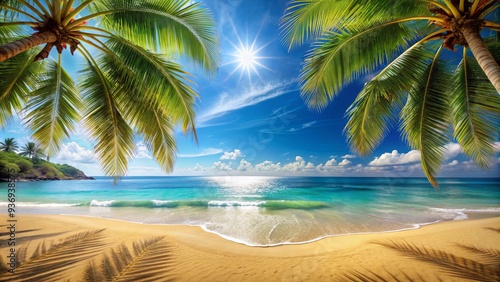 Beautiful summer beach background with golden sand, clear blue water, and palm trees