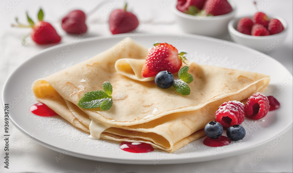 A plate of fresh crepes topped with strawberries, blueberries, and raspberries A plate of fresh crepes topped with strawberries, blueberries, and raspberries