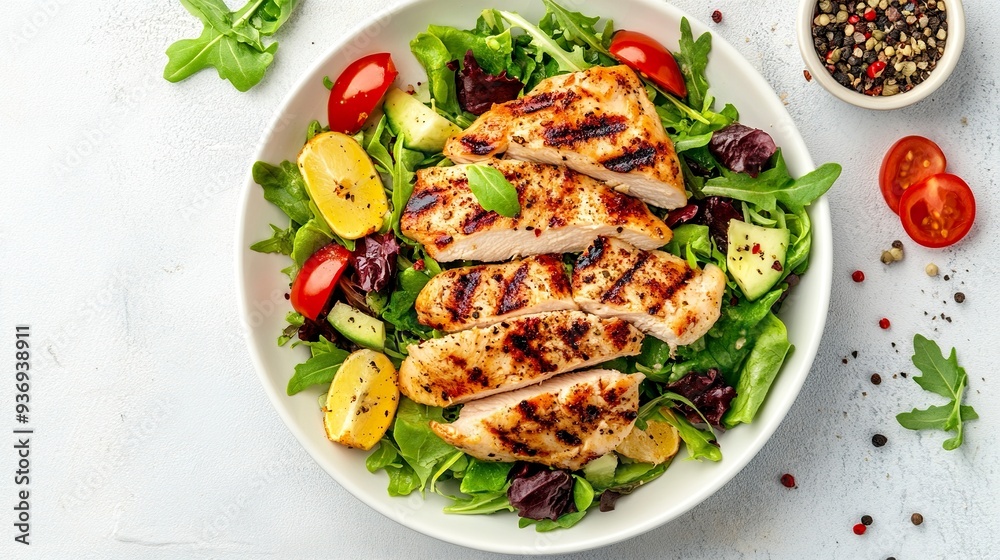 Grilled Chicken Salad on White Background Top Down Photo generative ai Grilled Chicken Salad on White Background Top Down Photo generative ai
