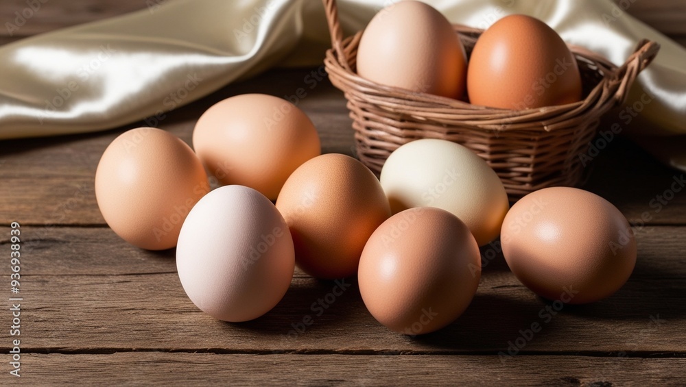 several eggs arranged in a wicker basket that stands on a rustic wooden table. several eggs arranged in a wicker basket that stands on a rustic wooden table.