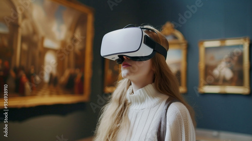 Young woman wearing a virtual reality headset to view a museum art gallery with paintings, virtual museum tour concept