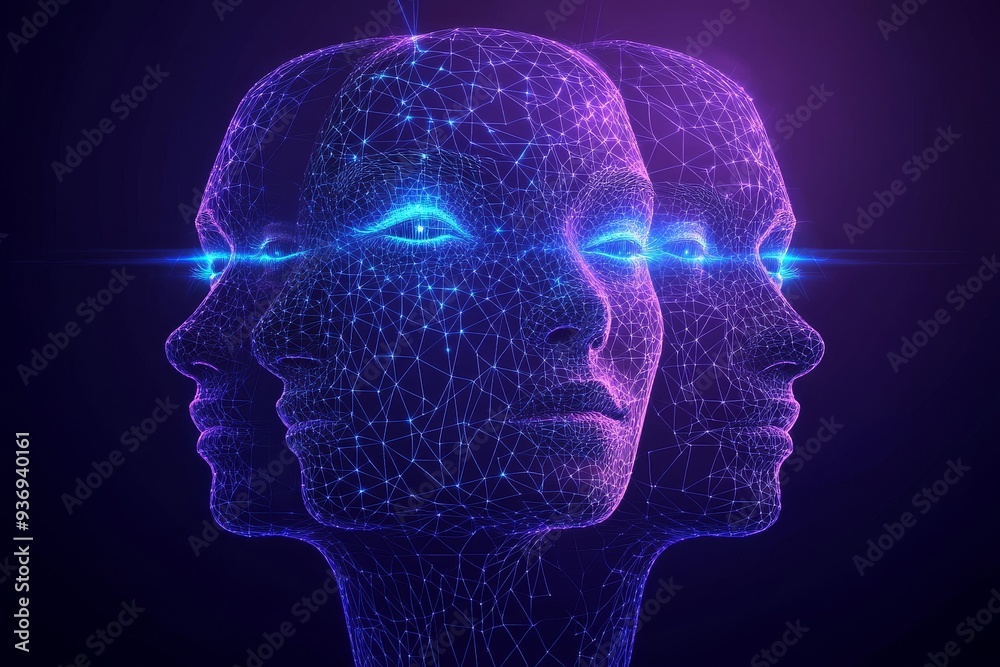 Obraz premium Abstract Digital Art of a Human Brain with Neon Lights Illustrating the Intersection of Human Cognition and Digital Technology