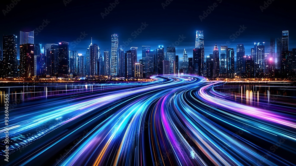 Digital data streams flowing across a futuristic cityscape at night, neon blue and purple tones, copy space for text,