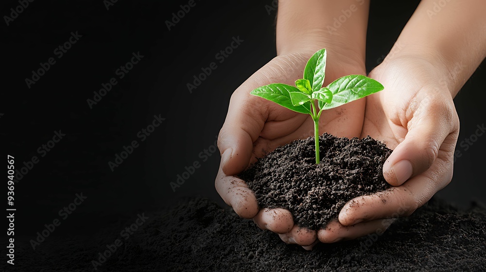 Hands holding a small green plant growing out of the soil, symbolizing sustainability and growth, copy space for text, Hands holding a small green plant growing out of the soil, symbolizing sustainability and growth, copy space for text,