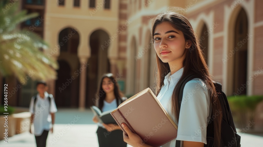 With books in their arms and in front of historic buildings, Dubai college students look at the camera with calm and confident eyes, showing their longing for campus life and thirst for knowledge. With books in their arms and in front of historic buildings, Dubai college students look at the camera with calm and confident eyes, showing their longing for campus life and thirst for knowledge.