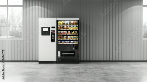 A Modern Vending Machine in an Empty Room with a Window photo