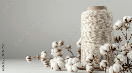 minimalist close-up of natural cotton fibers and a spool of organic thread. Set against a clean, neutral background, the image emphasizes simplicity and sustainability in craftsmanship