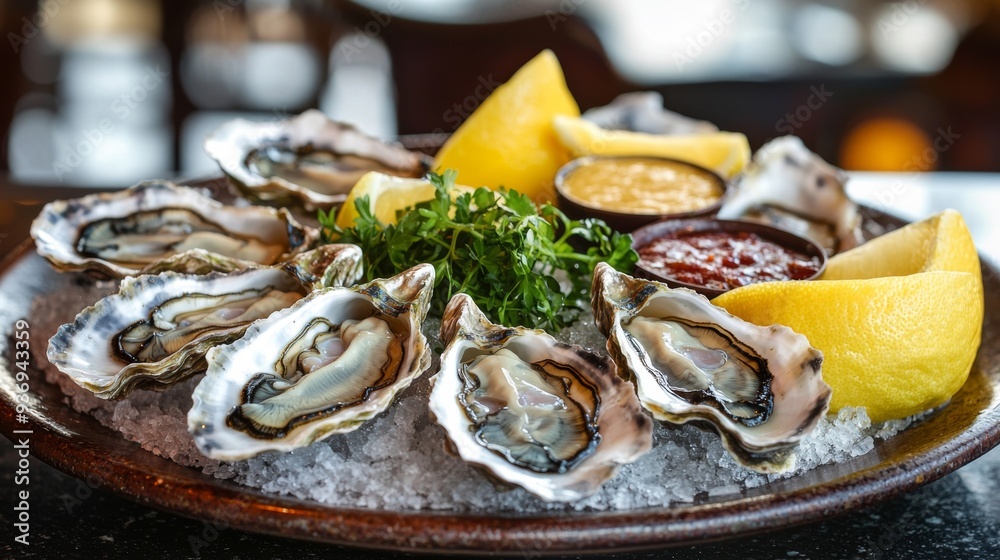 luxurious dish of fresh oysters served in a fancy restaurant, beautifully arranged on a bed of ice with lemon slices, seaweed, and a selection of sauces luxurious dish of fresh oysters served in a fancy restaurant, beautifully arranged on a bed of ice with lemon slices, seaweed, and a selection of sauces