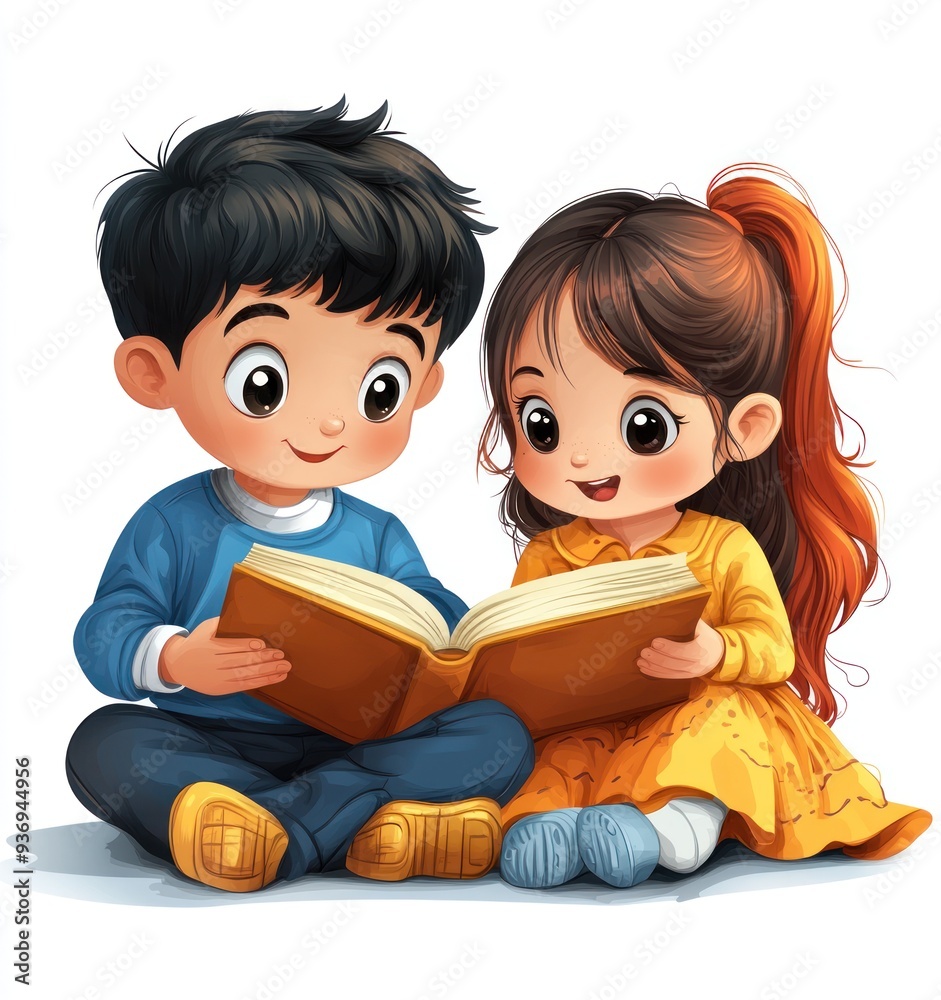 Cartoon Illustration of Two Kids Reading a Book Together Cartoon Illustration of Two Kids Reading a Book Together