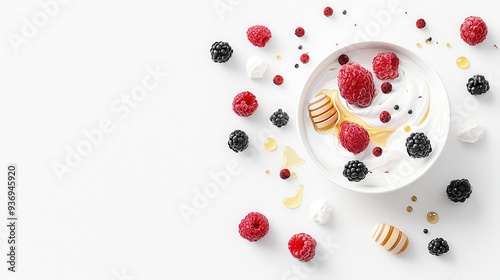 Yogurt with Raspberries Blackberries and Honey on White Background