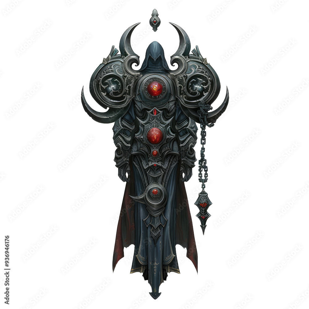 A menacing dark cloak adorned with intricate designs and red gems, perfect for fantasy and gaming themes. A menacing dark cloak adorned with intricate designs and red gems, perfect for fantasy and gaming themes.