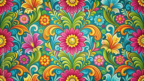 A vibrant and colorful swirly floral retro wallpaper pattern suitable for backgrounds and design projects
