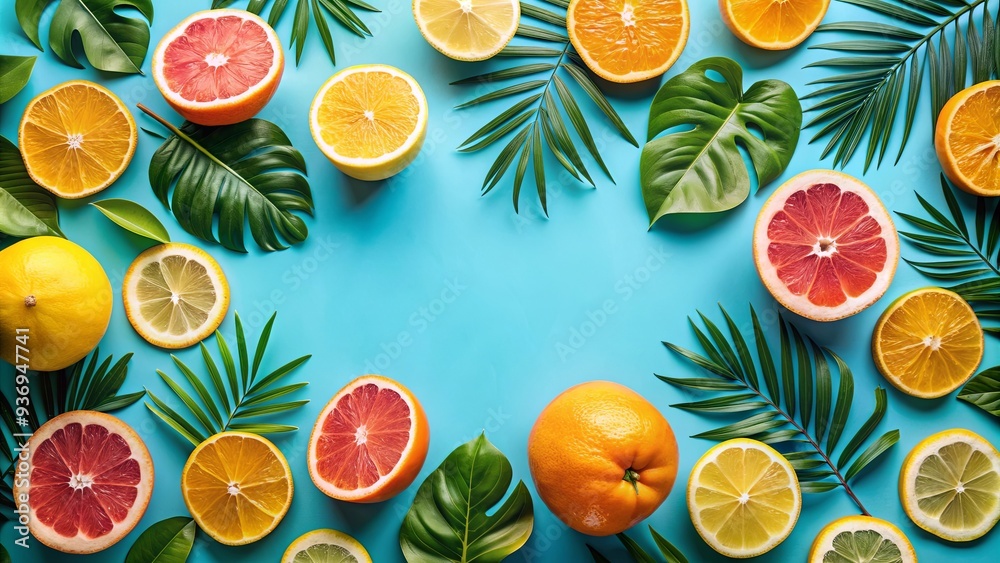 A vibrant summer pattern of lemons, oranges, grapefruits, and tropical leaves on a cool blue background A vibrant summer pattern of lemons, oranges, grapefruits, and tropical leaves on a cool blue background