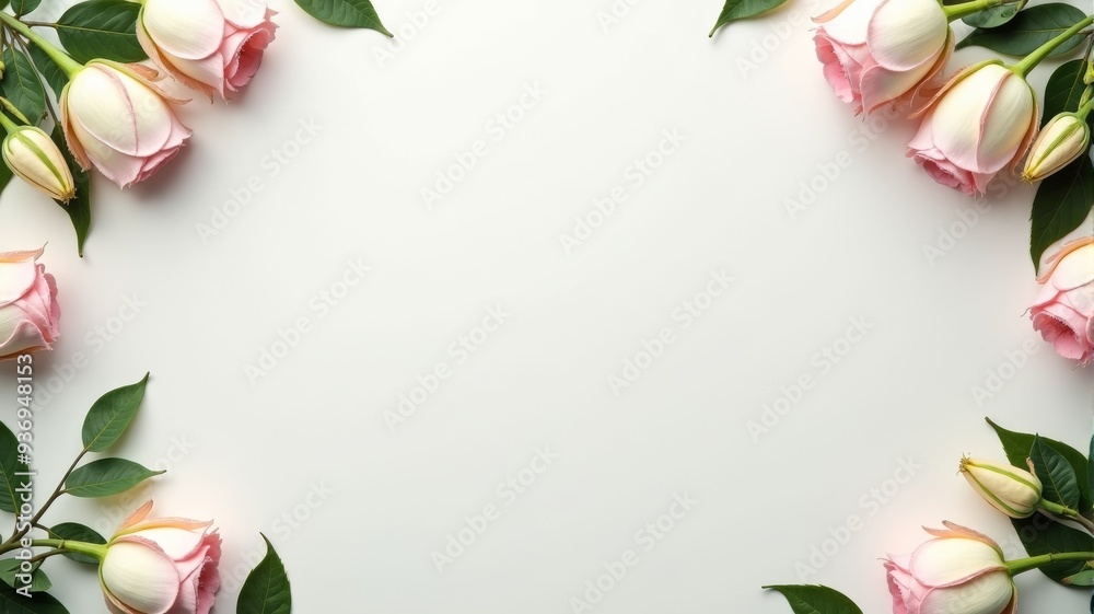 Elegant Pink Roses Border with Green Leaves on White Background - Perfect for Invitations, Announcements, and Celebrations Elegant Pink Roses Border with Green Leaves on White Background - Perfect for Invitations, Announcements, and Celebrations