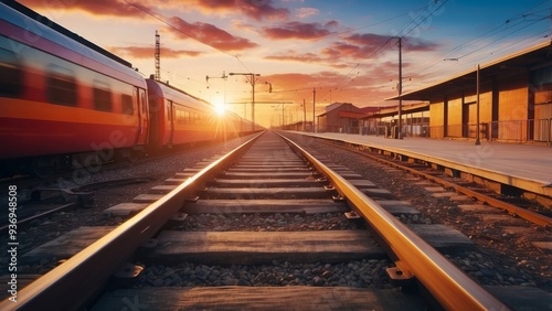 Train Tracks at Sunset with a Departing Train