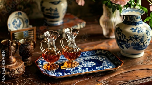 Two Glass Decanters with Amber Liquid on a Blue and White Tray