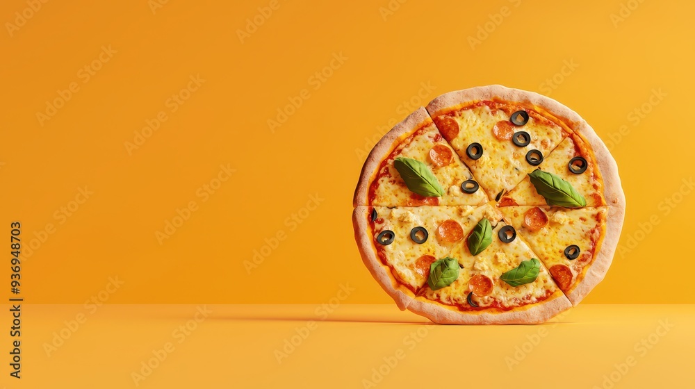 Delicious Pepperoni Pizza with Black Olives and Basil on Yellow Background Delicious Pepperoni Pizza with Black Olives and Basil on Yellow Background