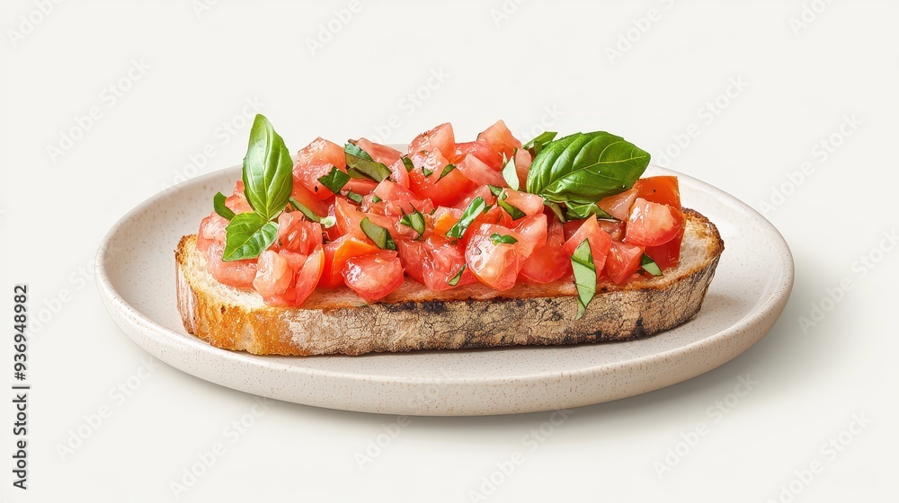 Delicious Italian Bruschetta with Tomatoes and Basil on White Plate Delicious Italian Bruschetta with Tomatoes and Basil on White Plate