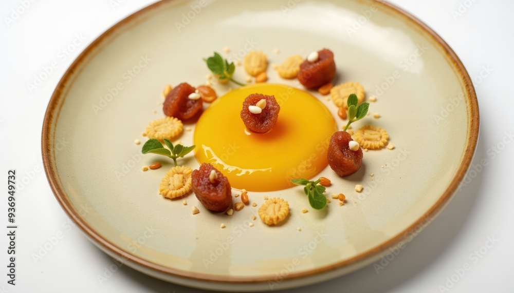 A visually striking dessert featuring a smooth, vibrant yellow component surrounded by colorful garnishes and textures, ideal for culinary presentations and food marketing. A visually striking dessert featuring a smooth, vibrant yellow component surrounded by colorful garnishes and textures, ideal for culinary presentations and food marketing.