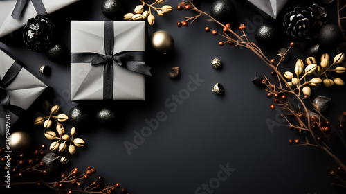 A black background with a christmas tree and decorations on it