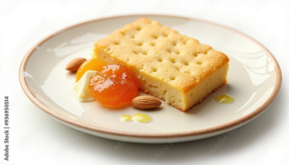 A delectable dessert featuring a cake slice with apricot jam, almonds, and creamy filling, perfect for culinary magazines, recipe blogs, and food advertising. A delectable dessert featuring a cake slice with apricot jam, almonds, and creamy filling, perfect for culinary magazines, recipe blogs, and food advertising.