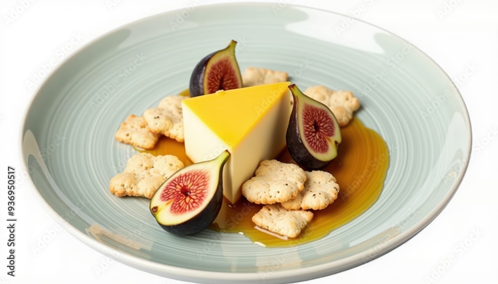 A visually appealing dessert featuring a creamy cheese dessert, fresh figs, and crunchy crackers, perfect for culinary showcases or gourmet menus. A visually appealing dessert featuring a creamy cheese dessert, fresh figs, and crunchy crackers, perfect for culinary showcases or gourmet menus.