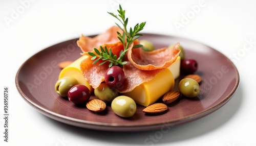 A gourmet plate featuring cheese, prosciutto, olives, and almonds, perfect for showcasing culinary delights or catering services.