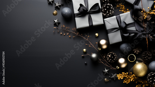 A black background with a christmas tree and decorations on it