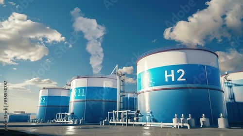 Large Blue and White Storage Tanks at a Hydrogen Production Facility photo