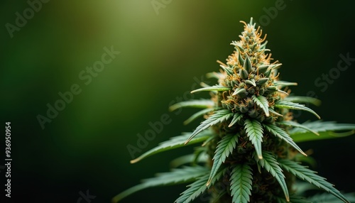 A close-up view of a cannabis plant, highlighting its vibrant buds and foliage, perfect for herbal products, wellness, and natural remedy marketing.