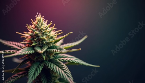 Close-up of a vibrant cannabis flower against a dark background, highlighting its lush green leaves and intricate details, ideal for botanical, wellness, and lifestyle projects.