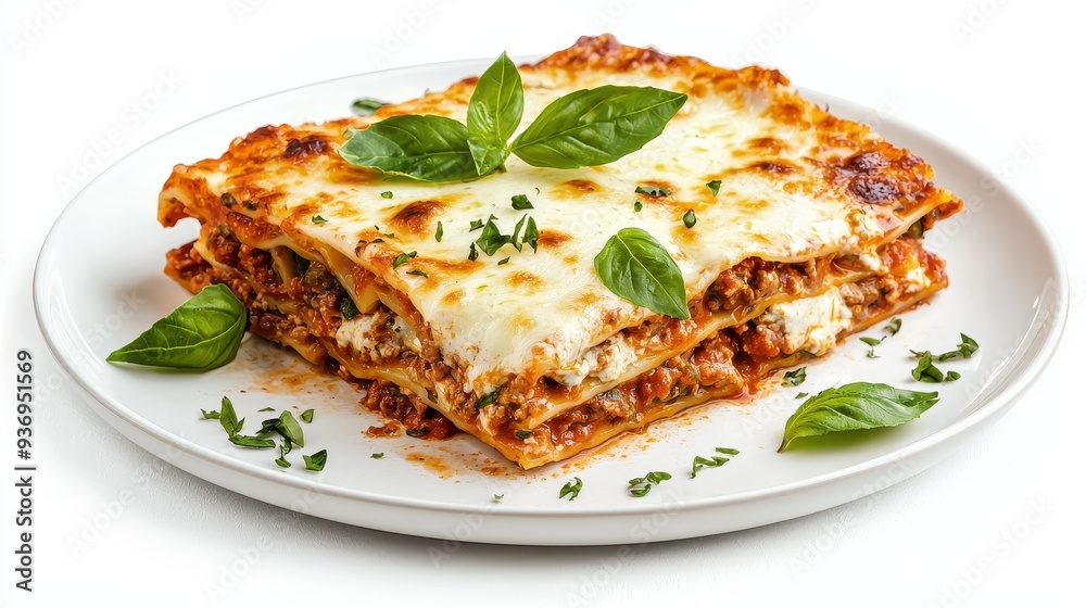 Delicious Lasagna with Melted Cheese and Basil on White Plate Delicious Lasagna with Melted Cheese and Basil on White Plate