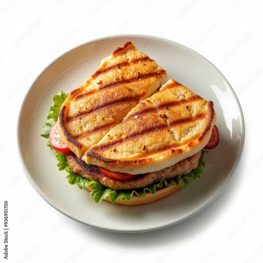Deliciously grilled sandwich layered with fresh lettuce, tomatoes, and juicy turkey patty, served on a white plate, perfect for food menus and culinary promotions. Deliciously grilled sandwich layered with fresh lettuce, tomatoes, and juicy turkey patty, served on a white plate, perfect for food menus and culinary promotions.