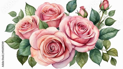 Watercolor Painting of Pink Roses and Green Leaves