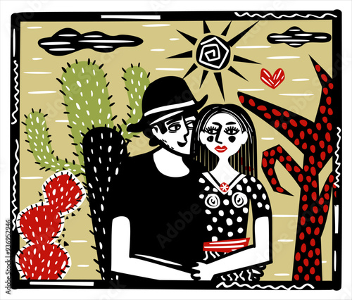 Brazilian northeast cordel illustration. Couple in love on nature backgroumd with cacti, clouds and sun