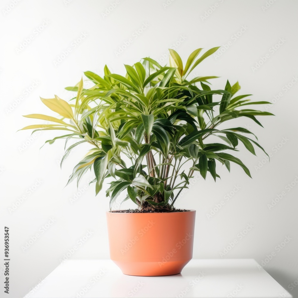 Obraz premium Vibrant Potted Houseplant on White Table with Minimalist Background, Perfect for Home or Office Decor