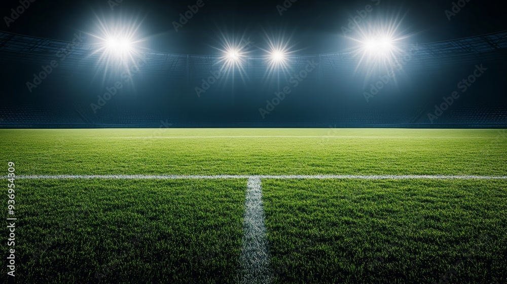 Obraz premium Nighttime view of a soccer field with bright stadium lights and a central kick spot, perfect for promoting a football club or international game