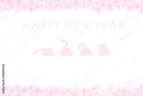 2025年巳年の和風年賀状、桜のフレームと動き出す蛇たち