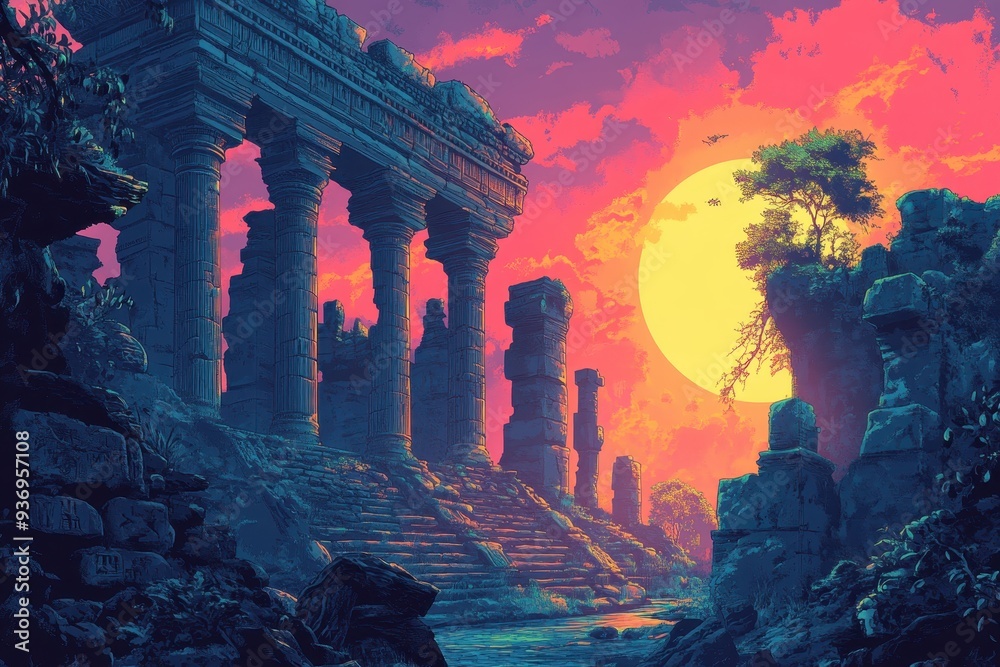 Ancient Ruins at Sunset with Large Yellow Moon