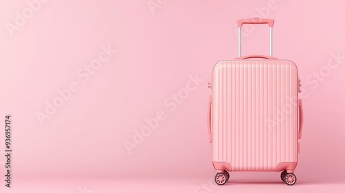 Stylish Pink Suitcase with Wheels on a Pastel Pink Background - Perfect for Travel, Vacation, and Adventure Themes - Modern Luggage Design for Fashionable and Trendy Travelers