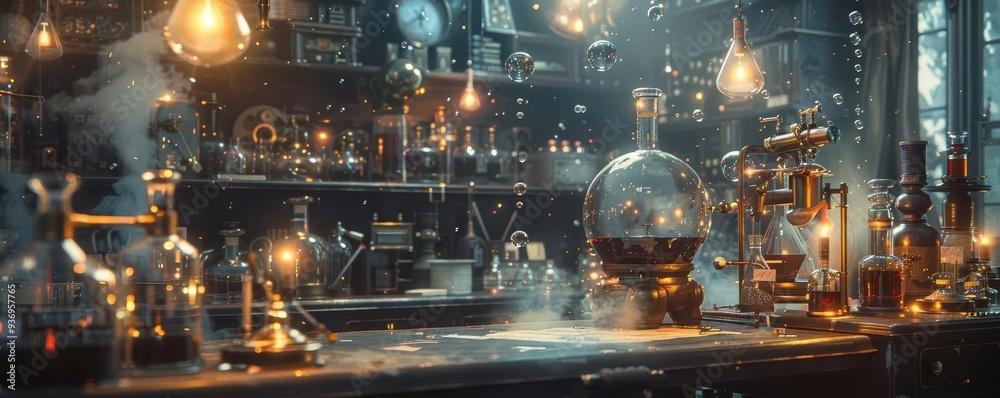 Alchemists lab with mystery, Steampunk, Dark, 3D, Highlighting magic and curiosity Alchemists lab with mystery, Steampunk, Dark, 3D, Highlighting magic and curiosity
