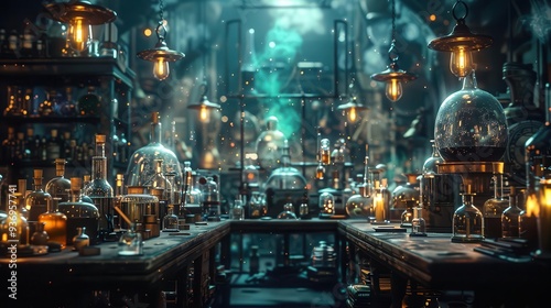 Alchemists lab with mystery, Steampunk, Dark, 3D, Highlighting magic and curiosity