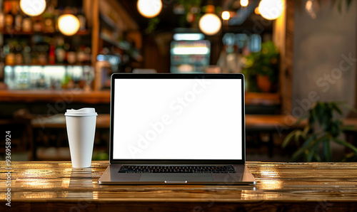 white screen laptop computer with coffee at a cafe shop