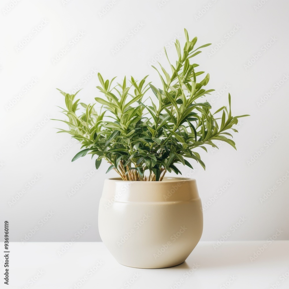 Potted Green Plant in Ceramic Pot on White Surface, Minimalist Indoor Plant Decoration, Modern Home DÃ©cor