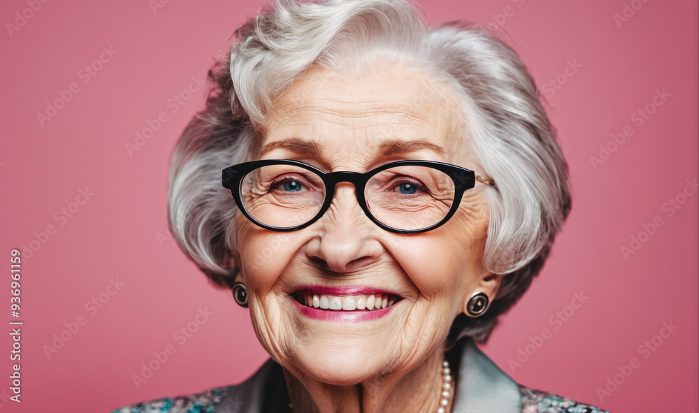 A smiling older woman with gray hair and glasses stands in front of a pink background