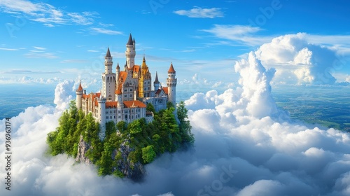 Fantasy castle on a floating island, surrounded by clouds, ethereal lighting, detailed architecture, mystical atmosphere