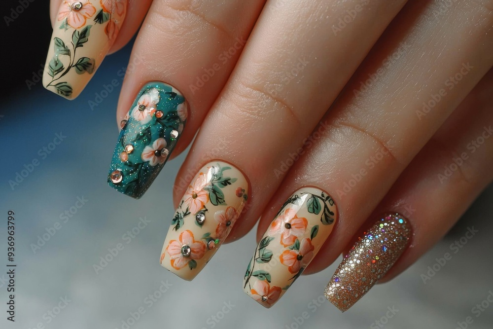 Beautiful nail art with unique designs showcasing creativity, nails painted in vibrant colors with delicate floral patterns, some adorned with glitter and rhinestones, a stylish and chic look Beautiful nail art with unique designs showcasing creativity, nails painted in vibrant colors with delicate floral patterns, some adorned with glitter and rhinestones, a stylish and chic look