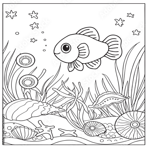 Fish Coloring page for baby coloring book, vector Illustration seawater cute fishes activity worksheet for children.