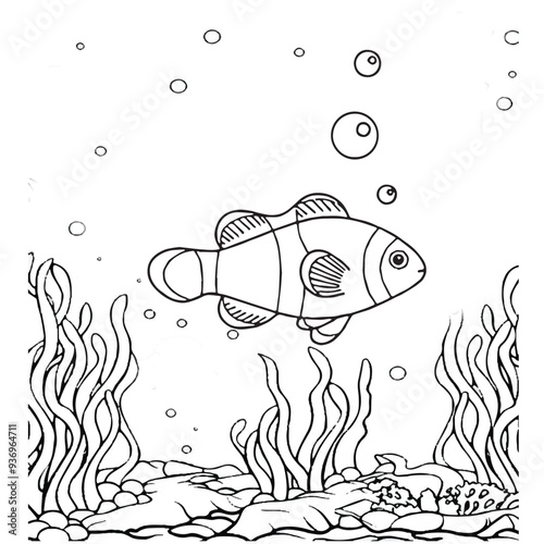 Fish Coloring page for baby coloring book, vector Illustration seawater cute fishes activity worksheet for children.