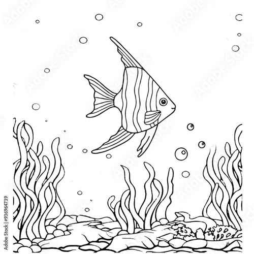 Fish Coloring page for baby coloring book, vector Illustration seawater cute fishes activity worksheet for children.